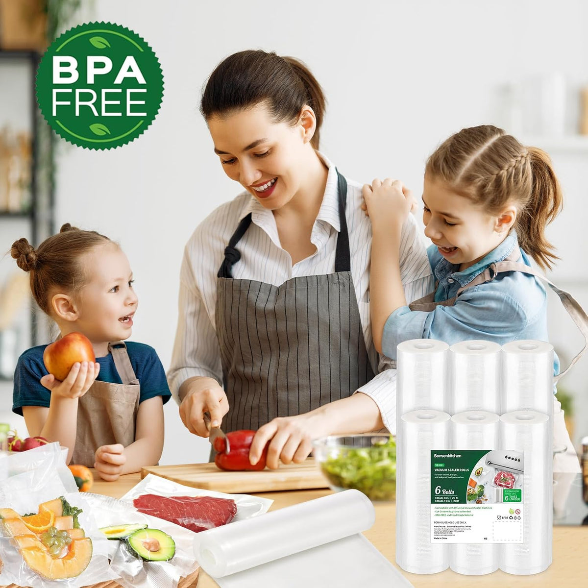 Bonsenkitchen Vacuum Sealer Rolls bags, 3 Rolls 11"x 20'+ 3 Rolls 8"x 20'