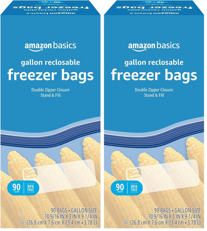 Amazon Basics Reclosable Freezer Gallon Size Bags with Double Zipper Seal, Stand-Up Bottom, BPA Free, 90 Count (Previously Solimo)