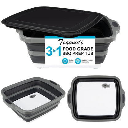 Collapsible Cutting Board with Container, Foldable Camping Sink with Colander, BBQ Prep Tub with Lid, Multifunction Dish Basin for Kitchen, Bowl, Vegetable and Fruit, 2.11 Gal/8L Storage Basket