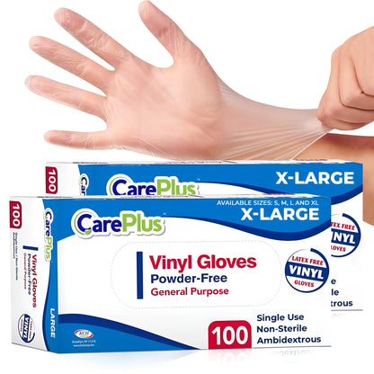 CARE PLUS Vinyl Gloves Clear Medium, Disposable Latex Free, 100 Count