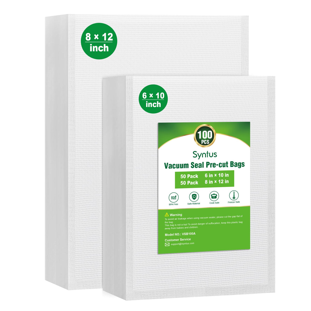 Syntus 100 Pcs Vacuum Sealer Bags for Food, 8x12+11x16, BPA Free