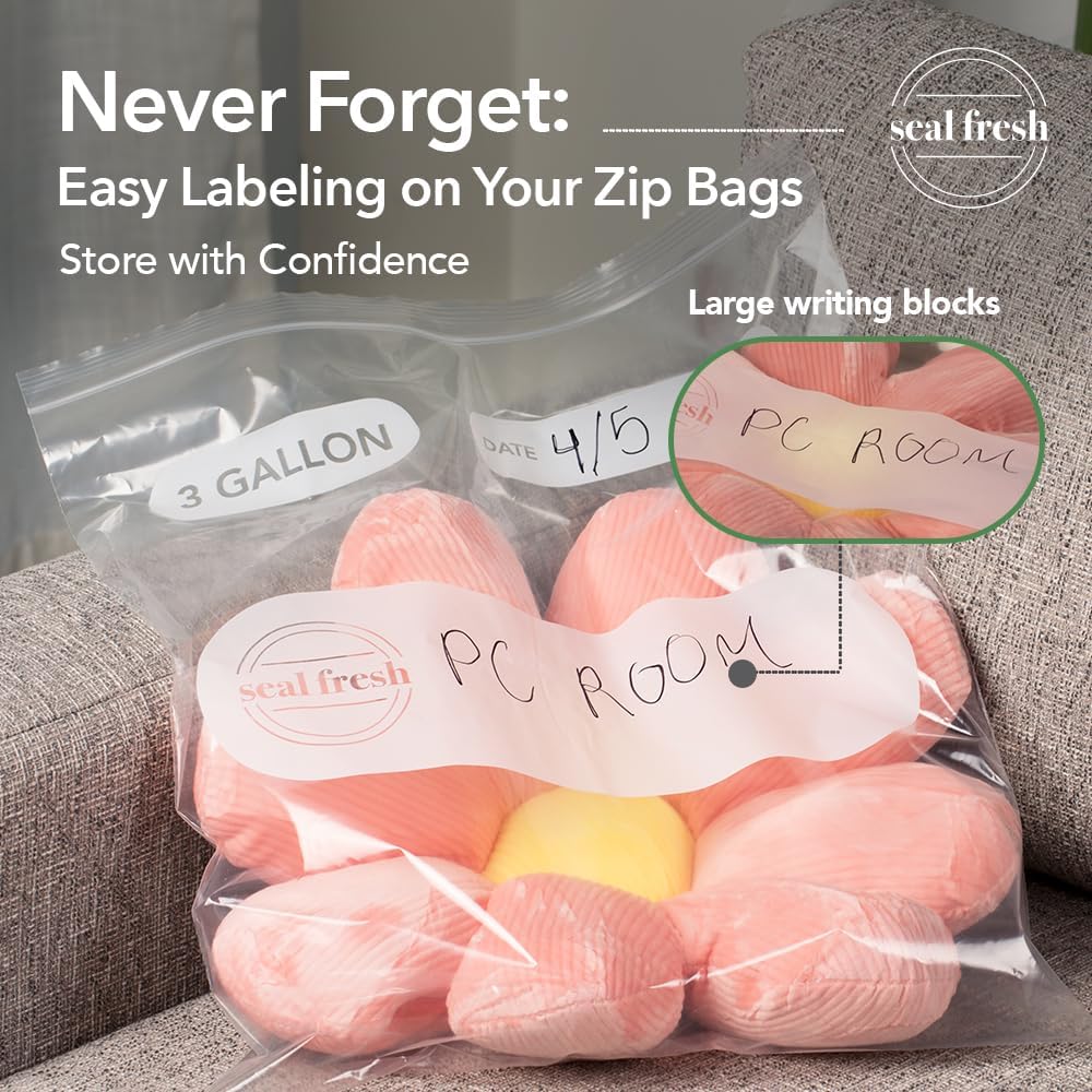 Seal Fresh 3 Gallon Large Plastic Storage Bags - 16 x 18 Inch (15 Count) - Reusable Write-On XXL Extra Large Big Oversized Clear Jumbo Zip Top Bags with Sealable Zipper for Clothes, Travel, Moving