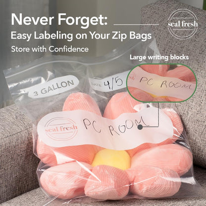 Seal Fresh 3 Gallon Large Plastic Storage Bags - 16 x 18 Inch (15 Count) - Reusable Write-On XXL Extra Large Big Oversized Clear Jumbo Zip Top Bags with Sealable Zipper for Clothes, Travel, Moving