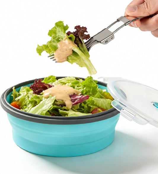 ColorCoral Collapsible Camping Bowl with Lid & Fork Silicone 1200ml 42oz