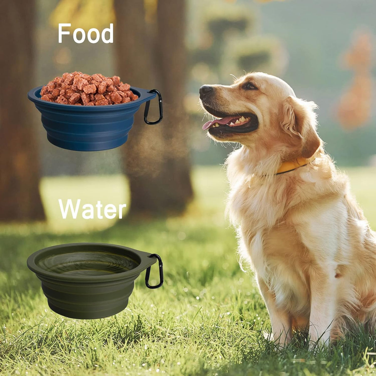 PetBonus 2-Pack Silicone Collapsible Dog Bowls, BPA Free Dishwasher Safe, Portable Foldable Expandable Travel Bowl, Food Water Feeding Cup Dish for Dogs Cats with 2 Carabiners (Army Green, Navy Blue)