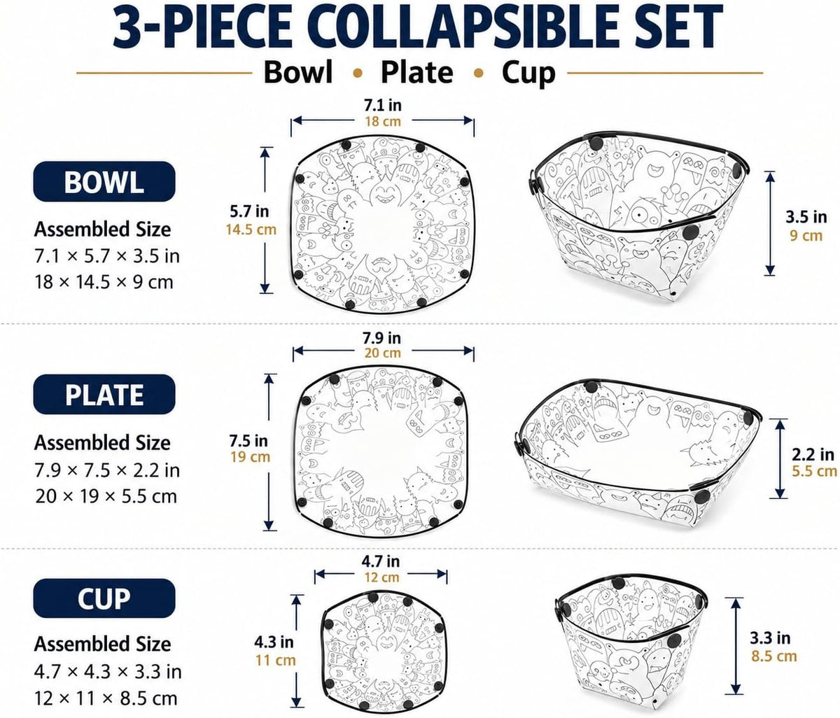 Collapsible Bowl and Plate Set with Cup, 3-Piece Portable Folding Tableware, Snap Button Fold-Flat Bowl, Plate and Cup for Camping Picnic Travel