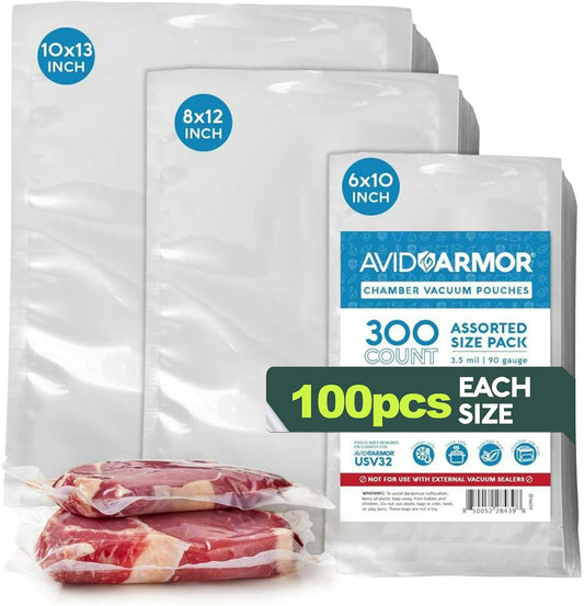 Avid Armor 300 CT Chamber Vacuum Sealer Bags for USV32 – Assorted Sizes (6x10", 8x12", 10x13"), BPA-Free, Reusable, for Food Storage, Sous Vide, and Freezer Preservation