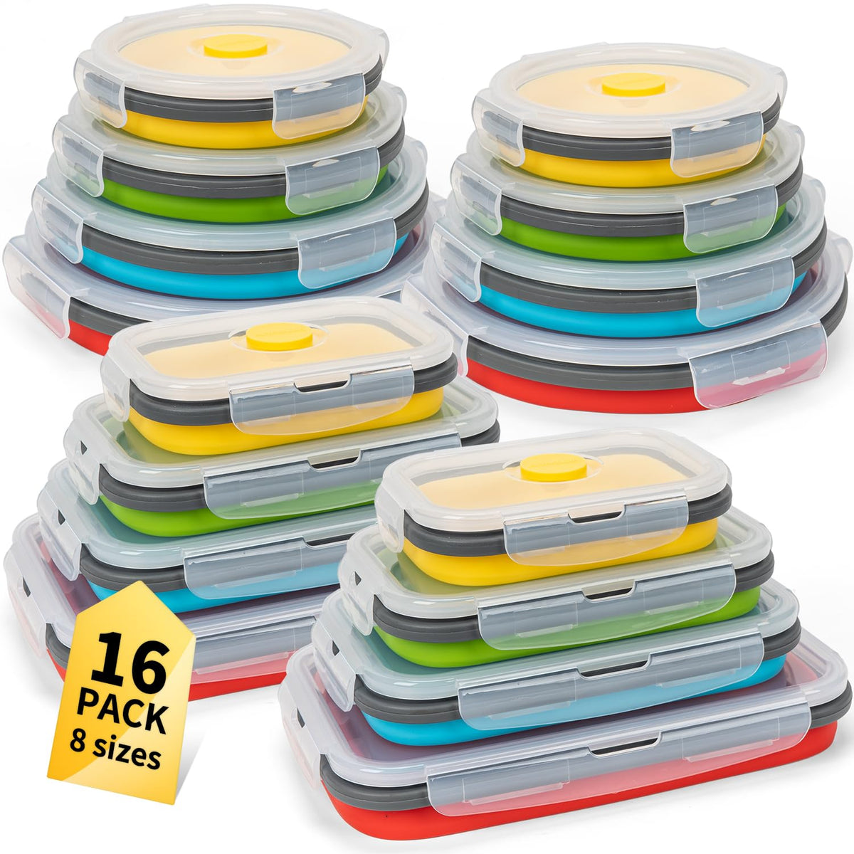 Collapsible Food Storage Containers with Lid & Air Vent, 8 Pack, 4 Rectangular + 4 Round, Annaklin Foldable Silicone Lunch Containers Collapsible Bowls Set, Microwave Freezer Dishwasher Safe, 4 Colors