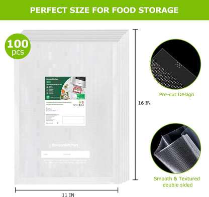 Bonsenkitchen Precut Vacuum Sealer Bags, 100 Gallon 11" x 16" Food Sealer