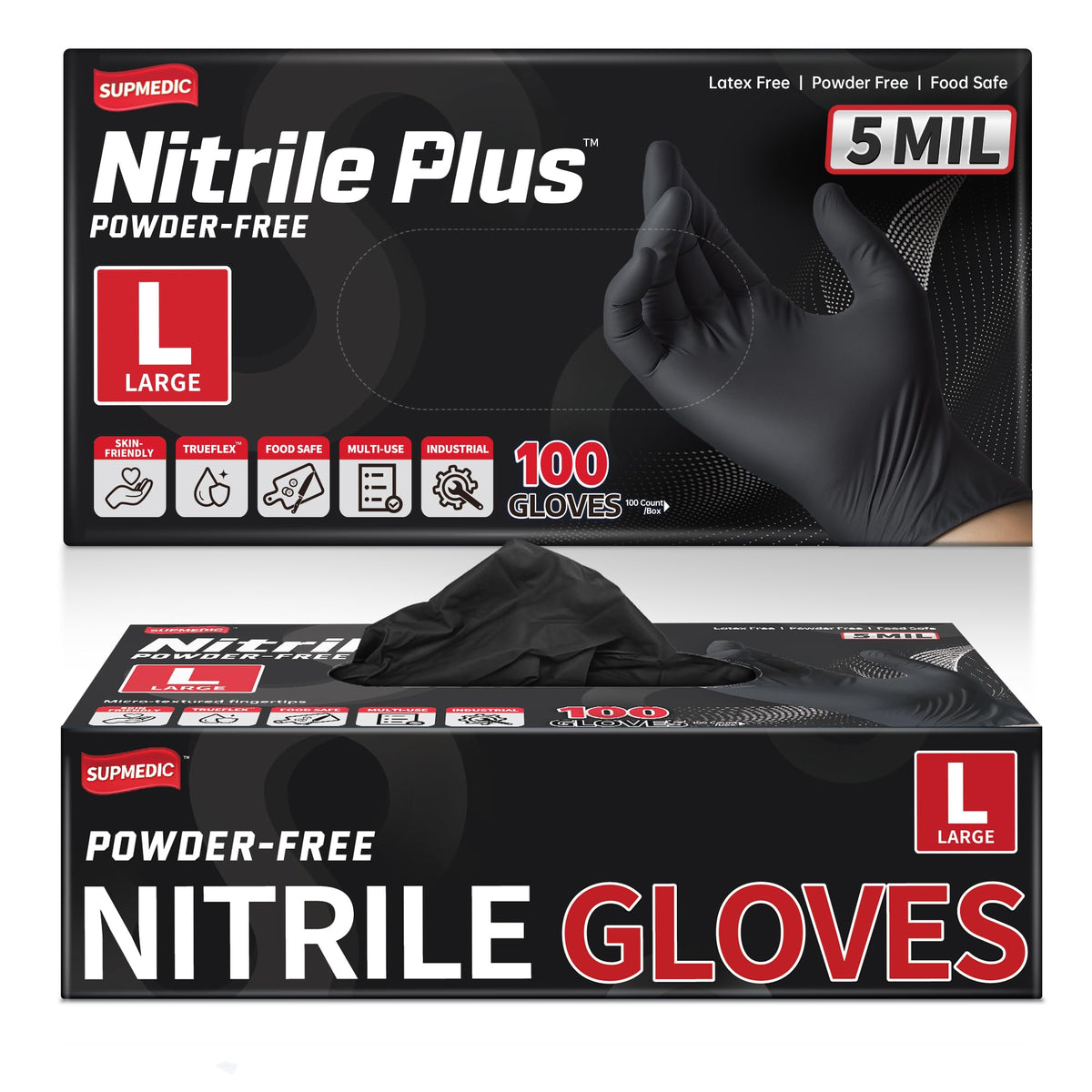 Supmedic Nitrile+ Disposable Gloves, 5 Mil Latex & Powder-Free Glove 100 Ct