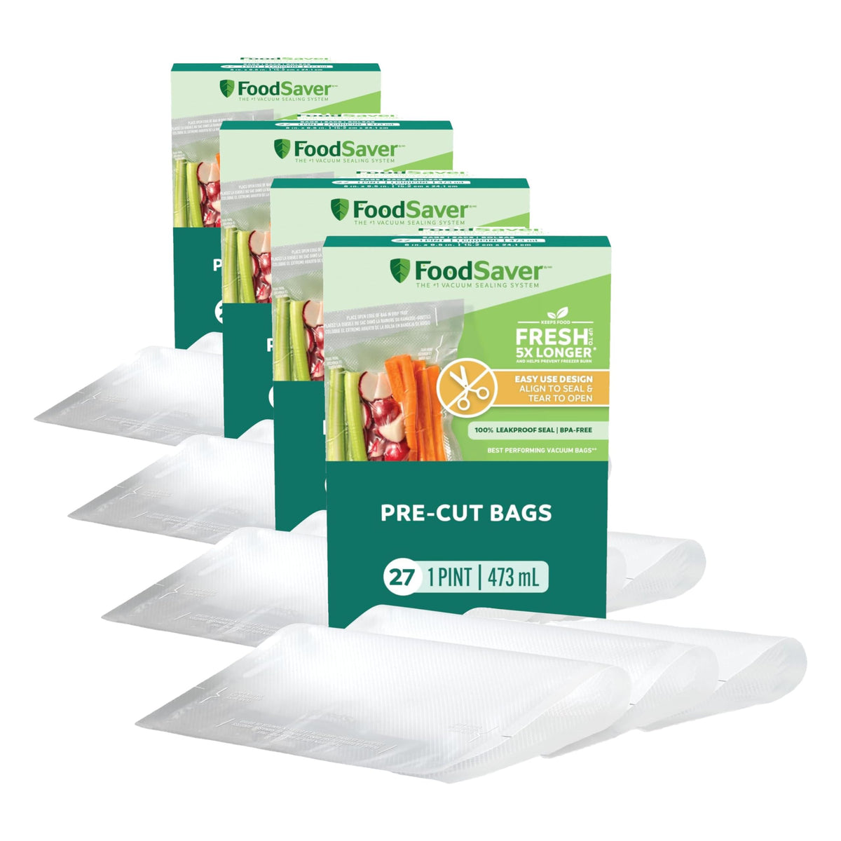 FoodSaver Quart Pre-Cut Vacuum Seal Bags, Easy Use Vacuum Storage Bags, Align to Seal and Tear to Open Vacuum Sealer Storage Bags, 43 Pack