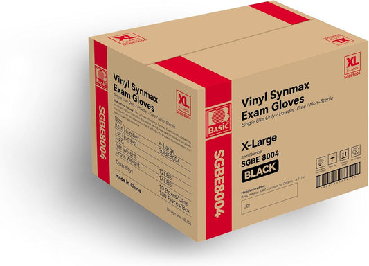 Basic Vinyl Exam Gloves, Synmax Medical Disposable Non-Sterile Latex-Free Powder-Free Glove Box of 100 (Black, S/M/L/XL)