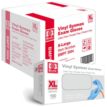 INTCO Basic Medical Synmax Vinyl Exam Gloves,Disposable Gloves - Latex-Free & Powder-Free for Medical,Cleaning,Food Safe- Large, BMPF-3003(Case of 1000,Blue)