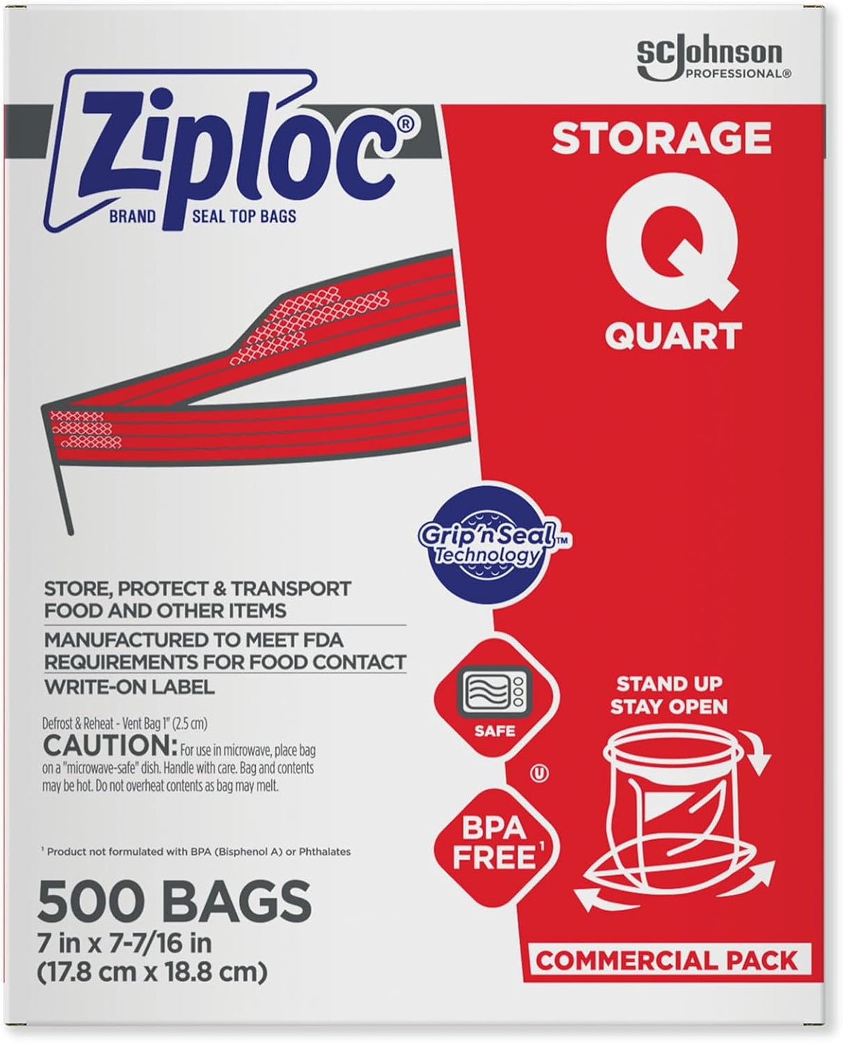 SC Johnson Professional, Ziploc Storage Bags, For Food Organization and Storage, Double Zipper Seal, Easy-Open Tabs Quart, 500 Count