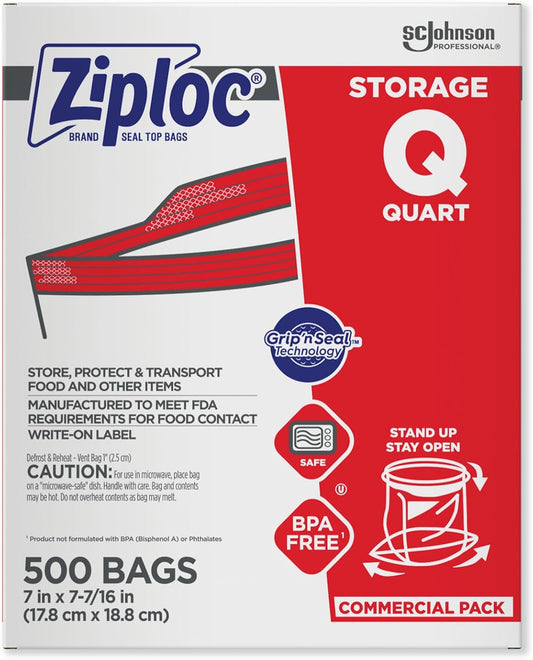 SC Johnson Professional, Ziploc Storage Bags, For Food Organization and Storage, Double Zipper Seal, Easy-Open Tabs Quart, 500 Count