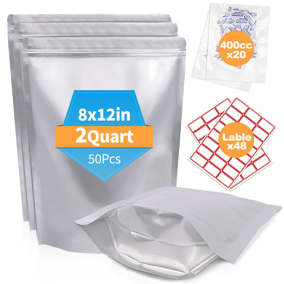 30PCS 2Gallon 17"X13" Mylar Bags for Food Storage with Oxygen Absorbers&Lables,10 Mil Thick Resealable Stand-Up Zipper&Heat Sealable Bags for Long Term Food Storage,Dried Food