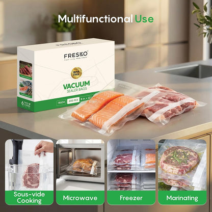 FRESKO Vacuum Sealer Bags, Precut Food Storage Bags, 200 Quart, 8"x12"