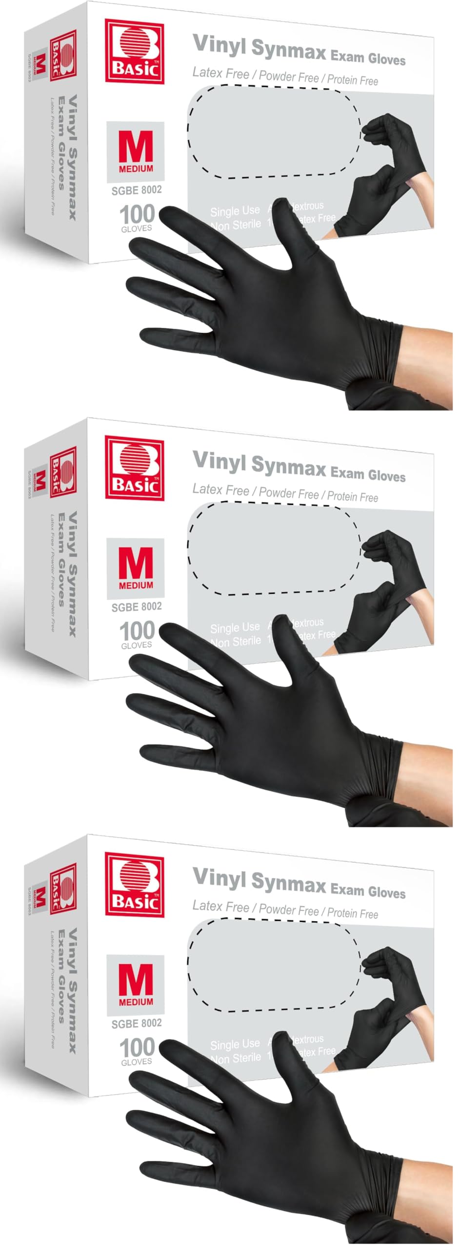 Basic Disposable Medical Synmax Vinyl Exam Gloves- 4 mil Safty Glove 1000pcs - Latex-Free & Powder-Free - SGBE 8002, Medium (Case of 1000, Black)