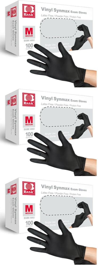 Basic Disposable Medical Synmax Vinyl Exam Gloves- 4 mil Safty Glove 1000pcs - Latex-Free & Powder-Free - SGBE 8002, Medium (Case of 1000, Black)
