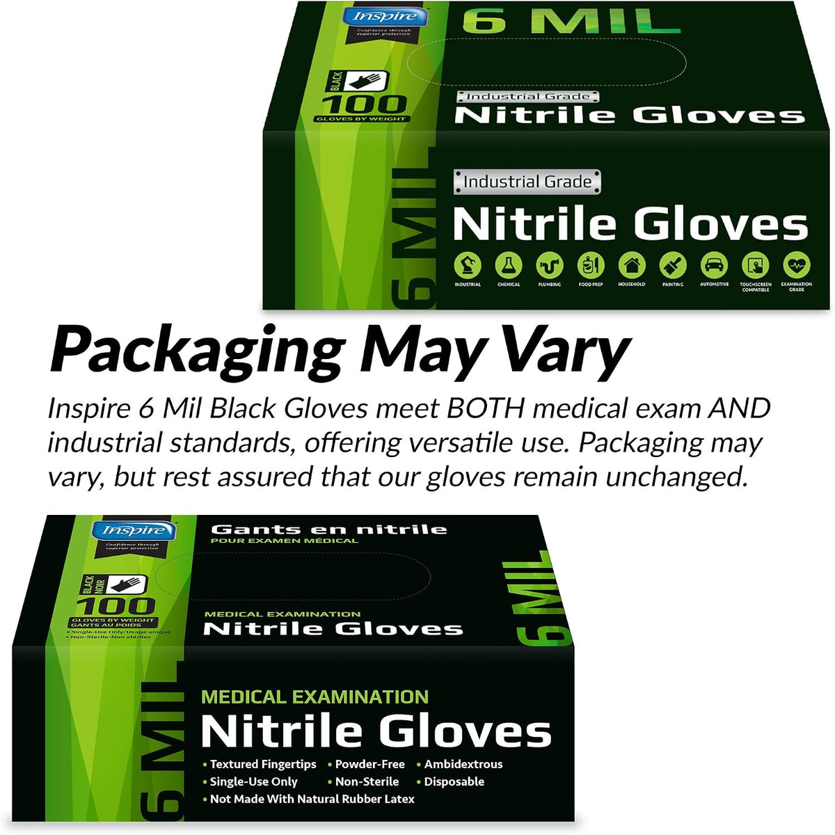 Inspire 6 or 8 Mil HEAVY DUTY Stretch Nitrile Black Gloves Disposable Latex Free