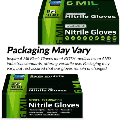 Inspire 6 or 8 Mil HEAVY DUTY Stretch Nitrile Black Gloves Disposable Latex Free
