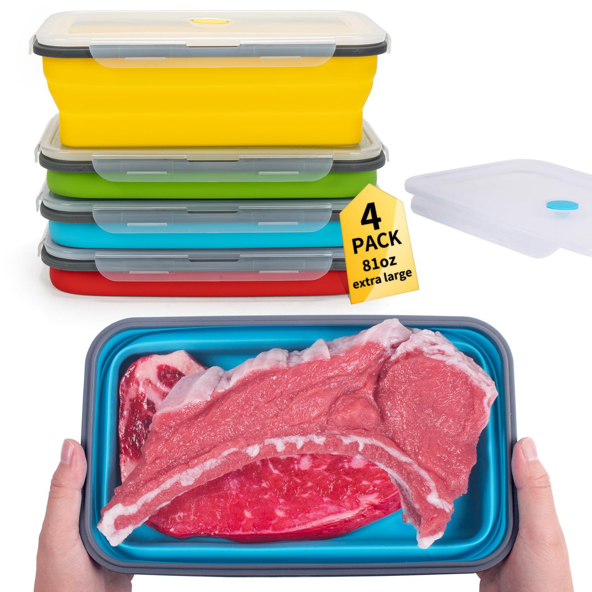 Collapsible Food Storage Containers with Lid & Air Vent, 8 Pack, 4 Rectangular + 4 Round, Annaklin Foldable Silicone Lunch Containers Collapsible Bowls Set, Microwave Freezer Dishwasher Safe, 4 Colors