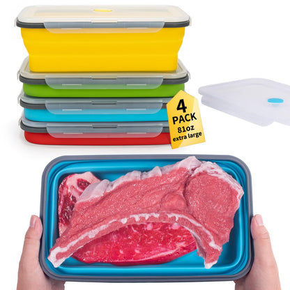Collapsible Food Storage Containers with Lid & Air Vent, 8 Pack, 4 Rectangular + 4 Round, Annaklin Foldable Silicone Lunch Containers Collapsible Bowls Set, Microwave Freezer Dishwasher Safe, 4 Colors