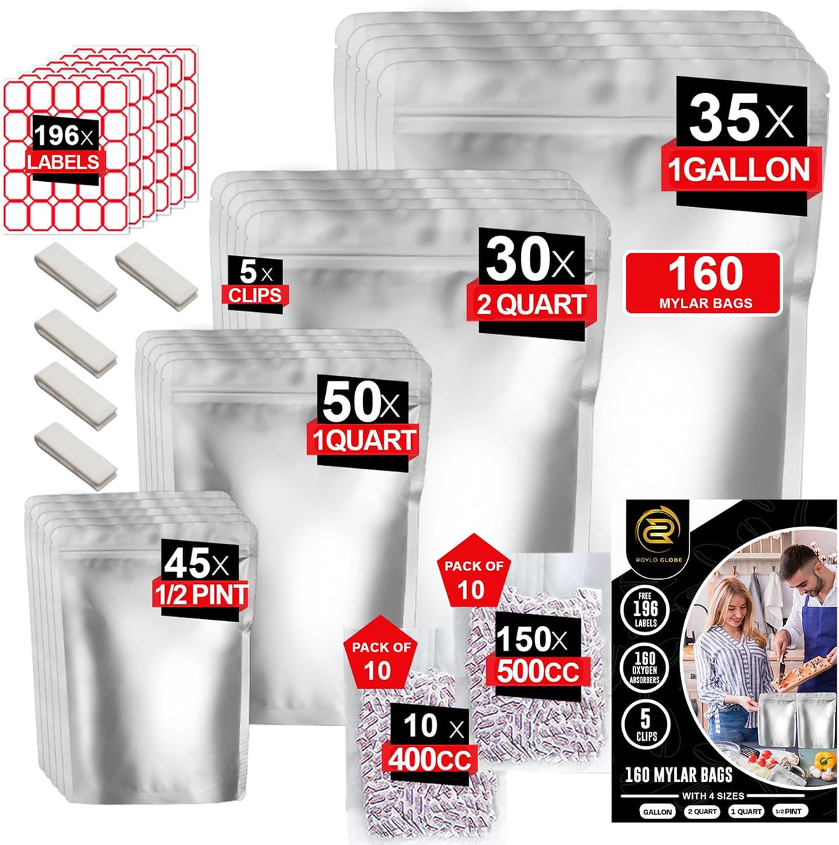 160 Mylar Bags with 160 Oxygen Absorbers-196 Labels & Stand-Up Reusable
