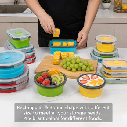 Collapsible Food Storage Containers with Lid & Air Vent, 8 Pack, 4 Rectangular + 4 Round, Annaklin Foldable Silicone Lunch Containers Collapsible Bowls Set, Microwave Freezer Dishwasher Safe, 4 Colors