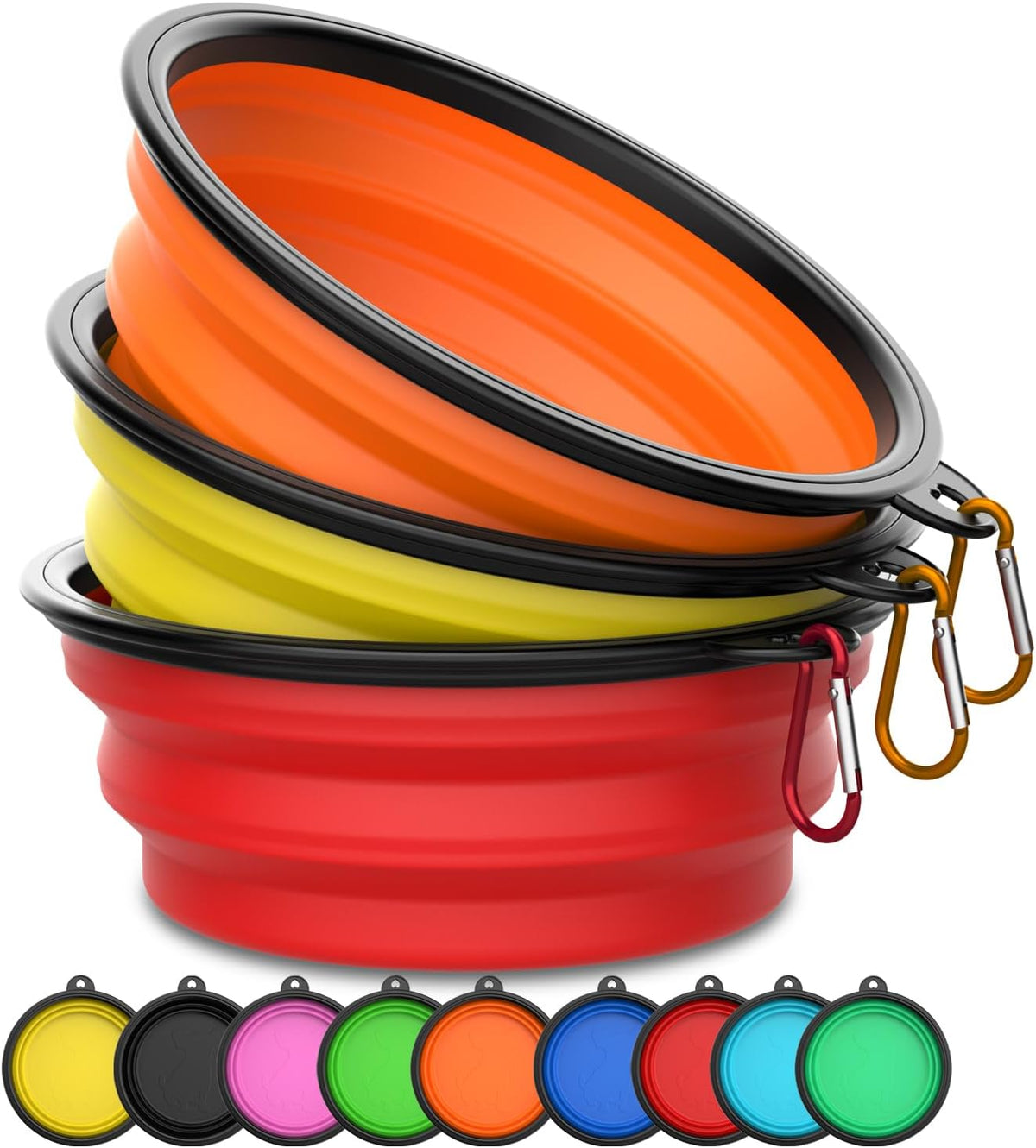 Collapsible Dog Bowls [3 Pack] 34 oz, Travel Dog Bowls, Pet Bowl Portable Foldable Water Food Feeding Dishes with Carabiner Clip for Traveling Hiking Walking-Red & Orange & Yellow
