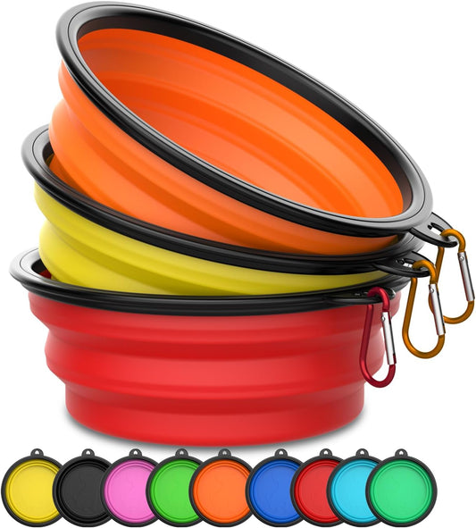 Collapsible Dog Bowls [3 Pack] 34 oz, Travel Dog Bowls, Pet Bowl Portable Foldable Water Food Feeding Dishes with Carabiner Clip for Traveling Hiking Walking-Red & Orange & Yellow