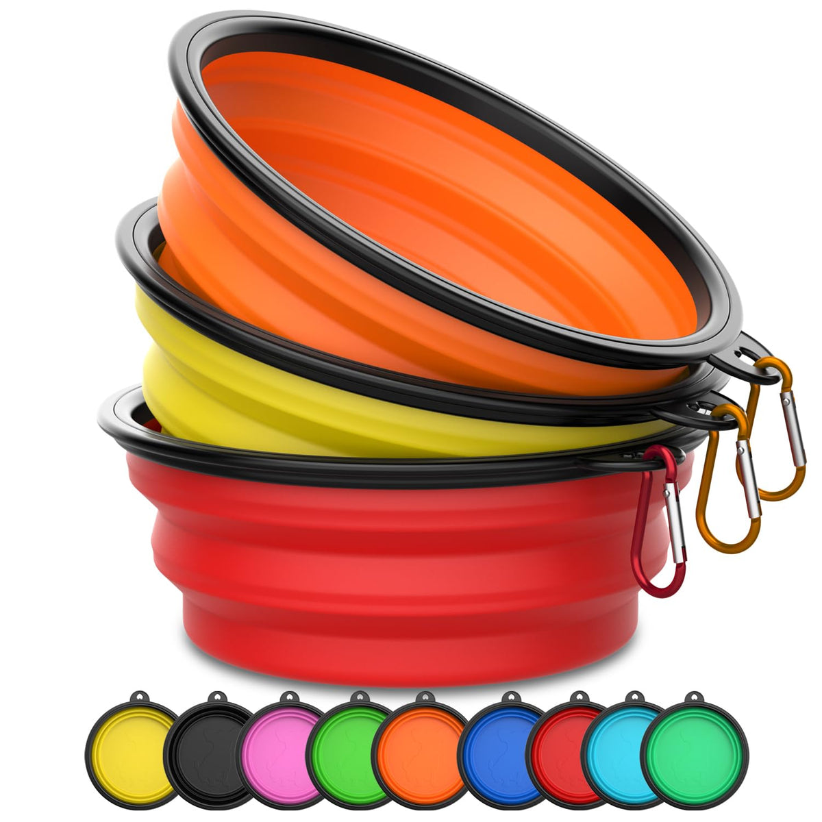 Collapsible Dog Bowls [3 Pack] 34 oz, Travel Dog Bowls, Pet Bowl Portable Foldable Water Food Feeding Dishes with Carabiner Clip for Traveling Hiking Walking-Red & Orange & Yellow
