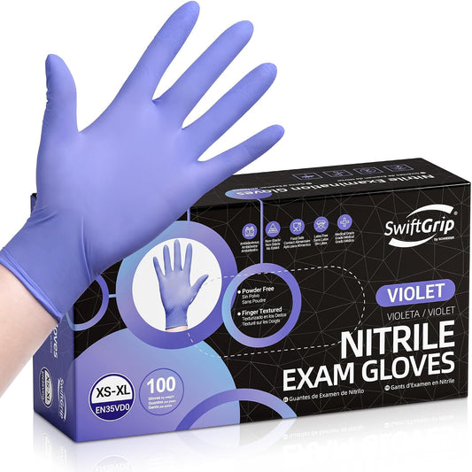 SwiftGrip Disposable Nitrile Exam Gloves, 3mil, Medium, Box of 100, Violet Nitrile Gloves Disposable Latex Free for Medical, Cleaning, Cooking & Esthetician, Food-Safe, Powder-Free, Purple
