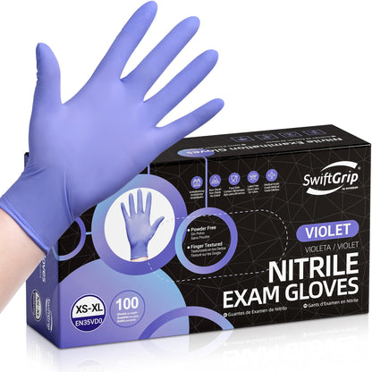 SwiftGrip Disposable Nitrile Exam Gloves, 3mil, Medium, Box of 100, Violet Nitrile Gloves Disposable Latex Free for Medical, Cleaning, Cooking & Esthetician, Food-Safe, Powder-Free, Purple