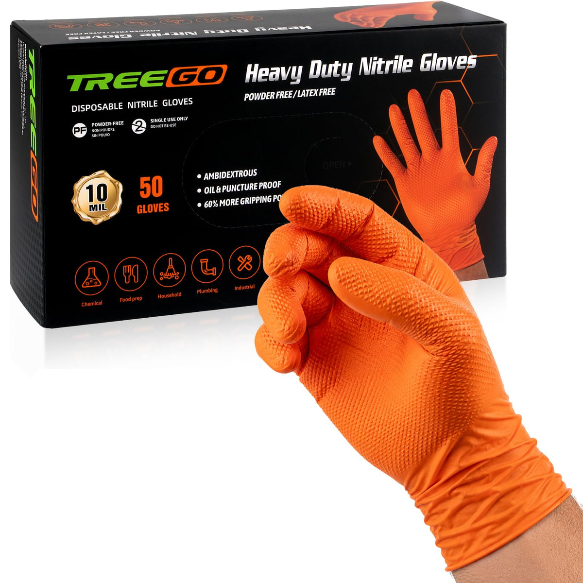 TREEGO 10 Mil Heavy Duty Black Nitrile Mechanic Gloves, 50 Count L