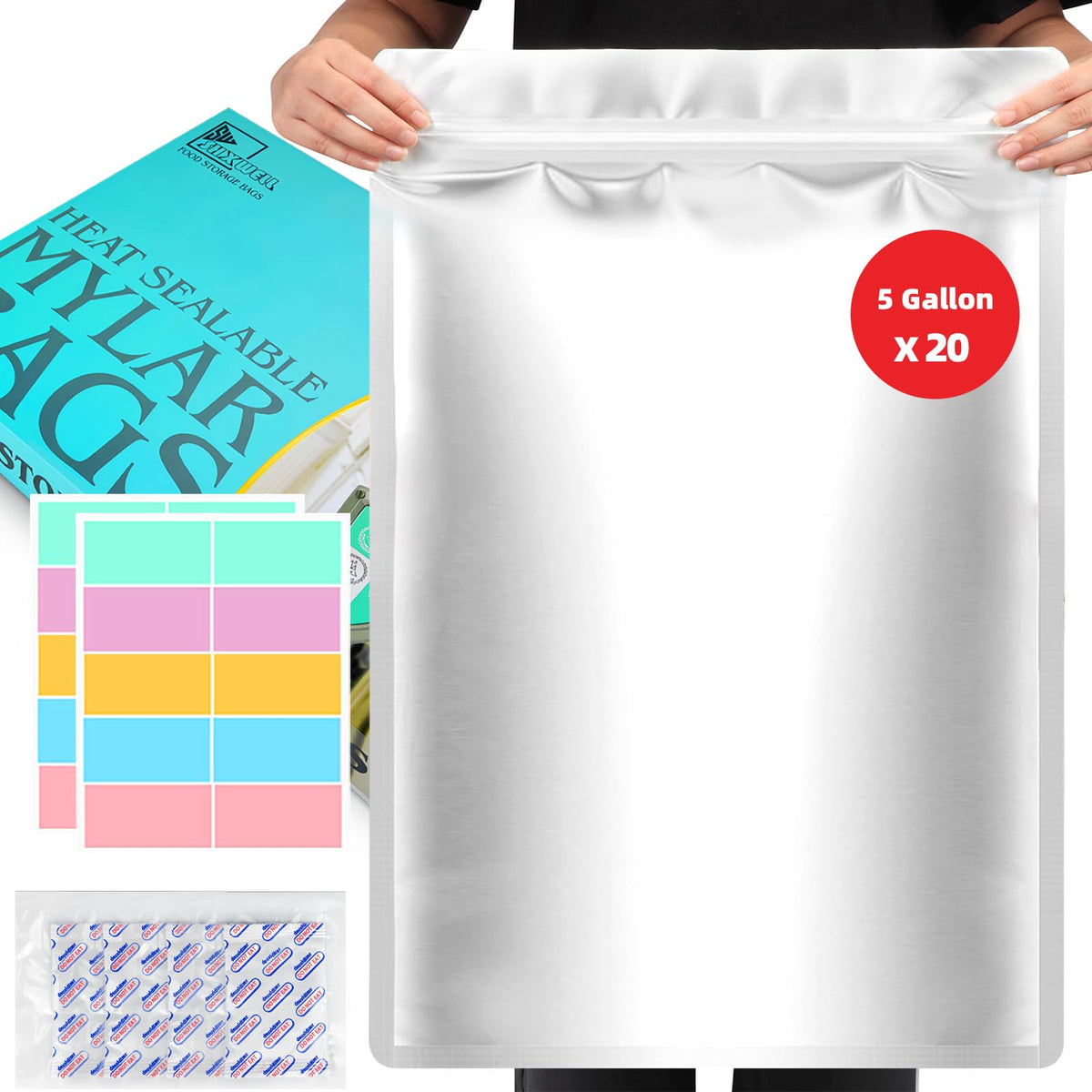 10PCS 5 Gallon Mylar Bags with 2500CC Oxygen Absorbers and Labels, Zipper Resealable Pouches Heat Sealable Bags for Long Term Food Storage