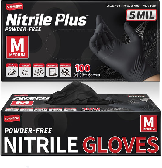 Supmedic Nitrile+ Disposable Gloves, 5 Mil Latex & Powder-Free Glove 100 Ct