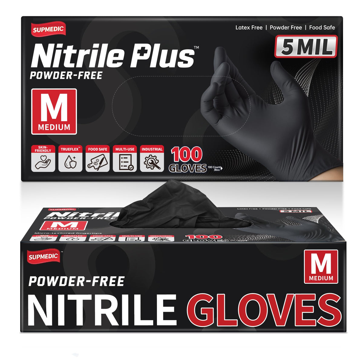 Supmedic Nitrile+ Disposable Gloves, 5 Mil Latex & Powder-Free Glove 100 Ct
