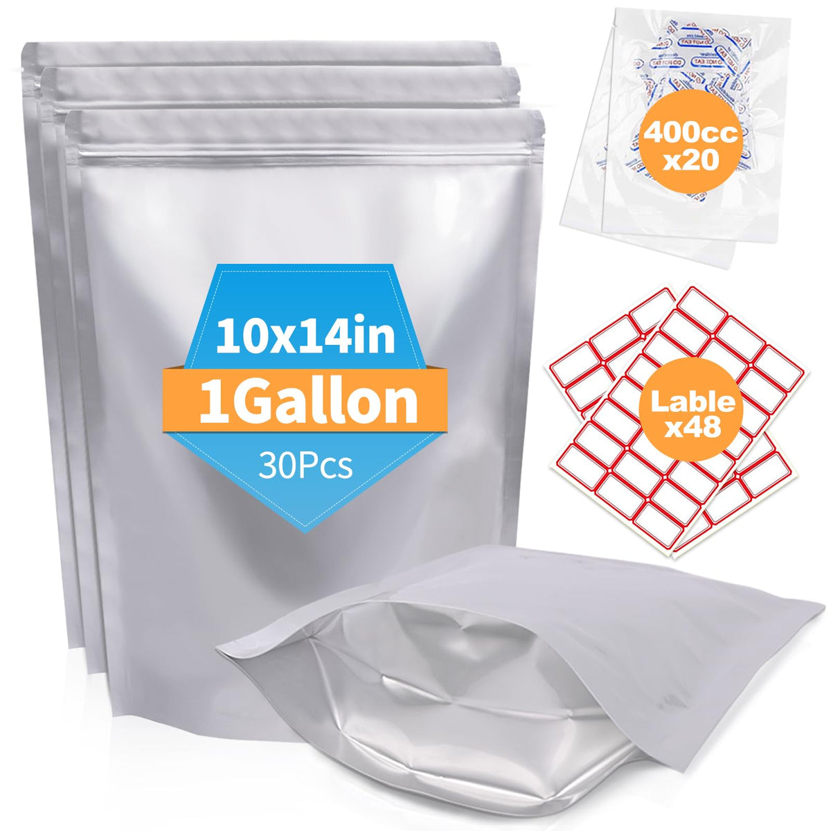 30PCS 2Gallon 17"X13" Mylar Bags for Food Storage with Oxygen Absorbers&Lables,10 Mil Thick Resealable Stand-Up Zipper&Heat Sealable Bags for Long Term Food Storage,Dried Food