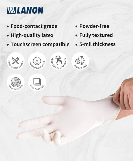 LANON 5 mil White Latex Disposable Gloves,Food Prep Gloves,Medium