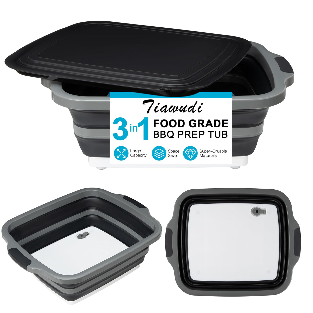 Collapsible Cutting Board with Container, Foldable Camping Sink with Colander, BBQ Prep Tub with Lid, Multifunction Dish Basin for Kitchen, Bowl, Vegetable and Fruit, 2.11 Gal/8L Storage Basket