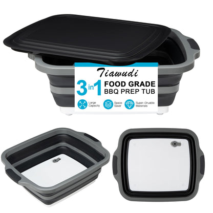Collapsible Cutting Board with Container, Foldable Camping Sink with Colander, BBQ Prep Tub with Lid, Multifunction Dish Basin for Kitchen, Bowl, Vegetable and Fruit, 2.11 Gal/8L Storage Basket