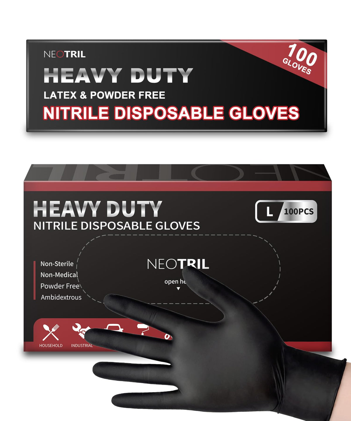 NEOTRIL 6 Mil Heavy Duty Black Nitrile Disposable Gloves, Latex Powder-Free, Textured Rubber Gloves for Cooking Mechanic
