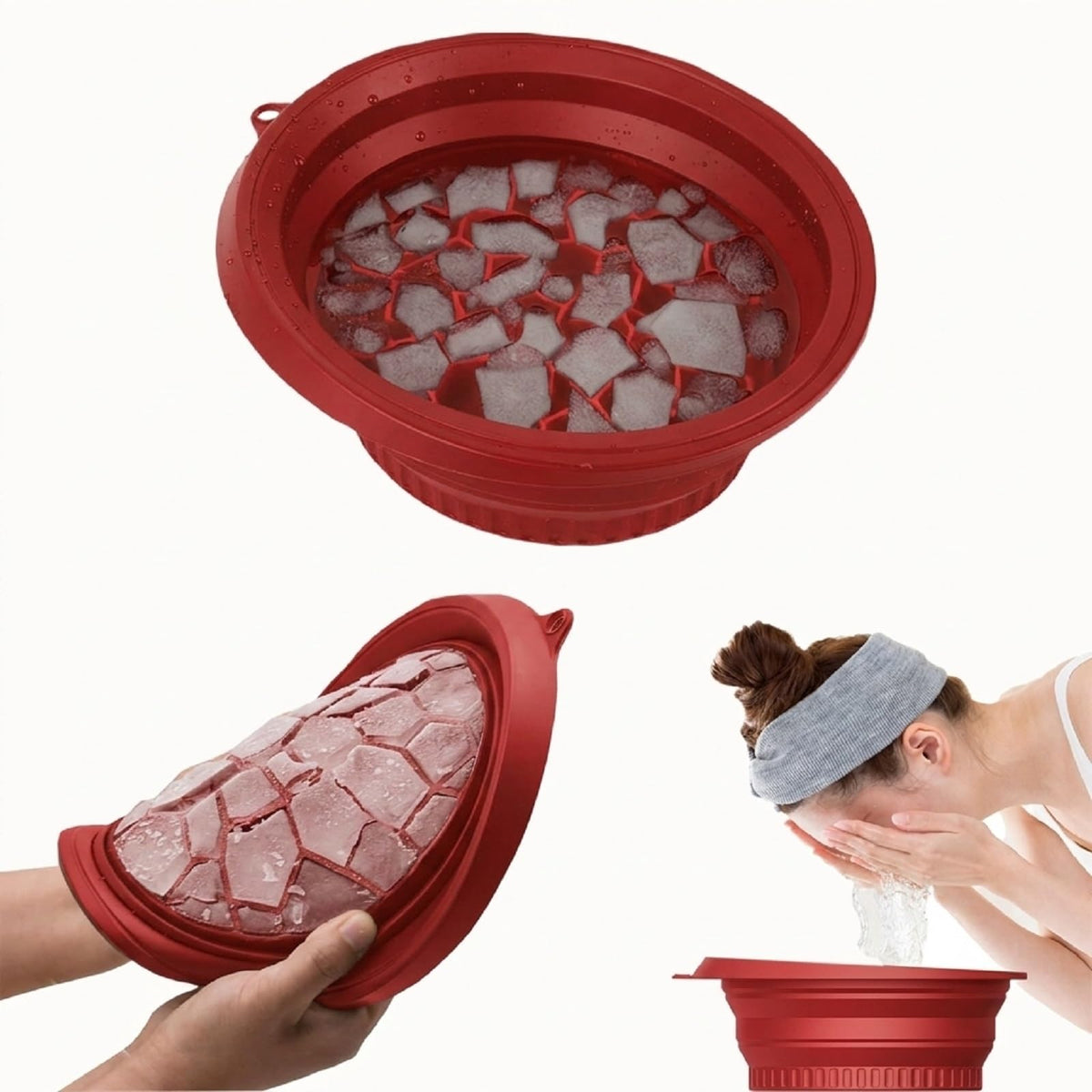 Foldable Face Ice Bath Bowl with Built-In Ice Tray (Green).