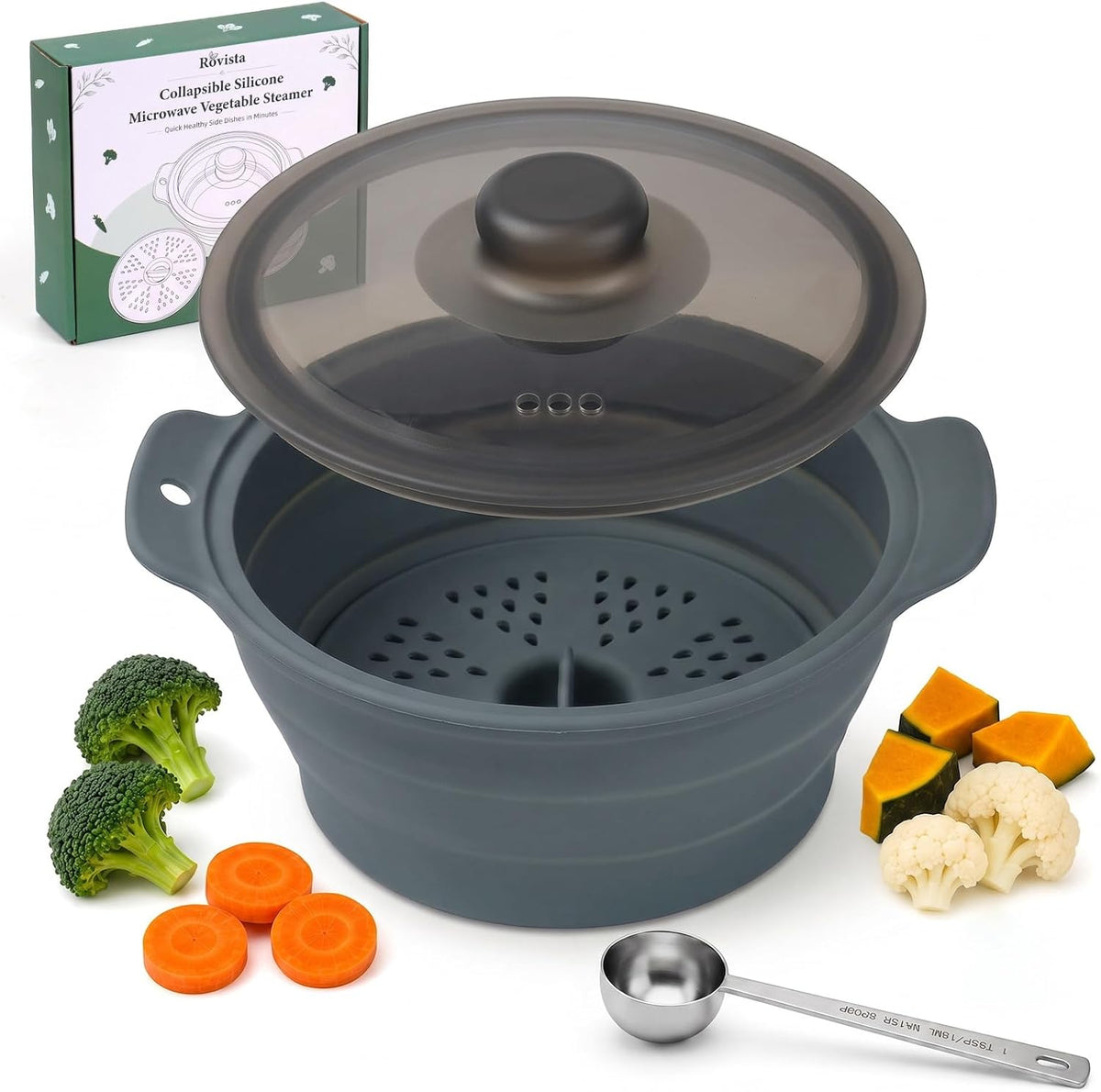 42oz Collapsible Silicone Microwave Steamer for Vegetables, Gray