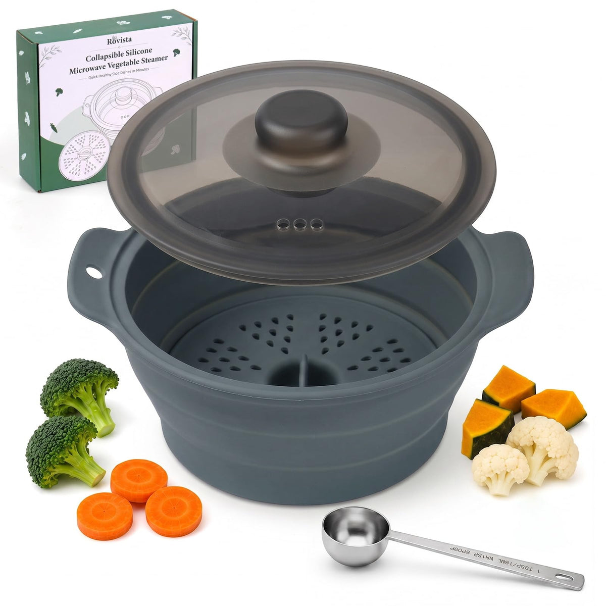 42oz Collapsible Silicone Microwave Steamer for Vegetables, Gray