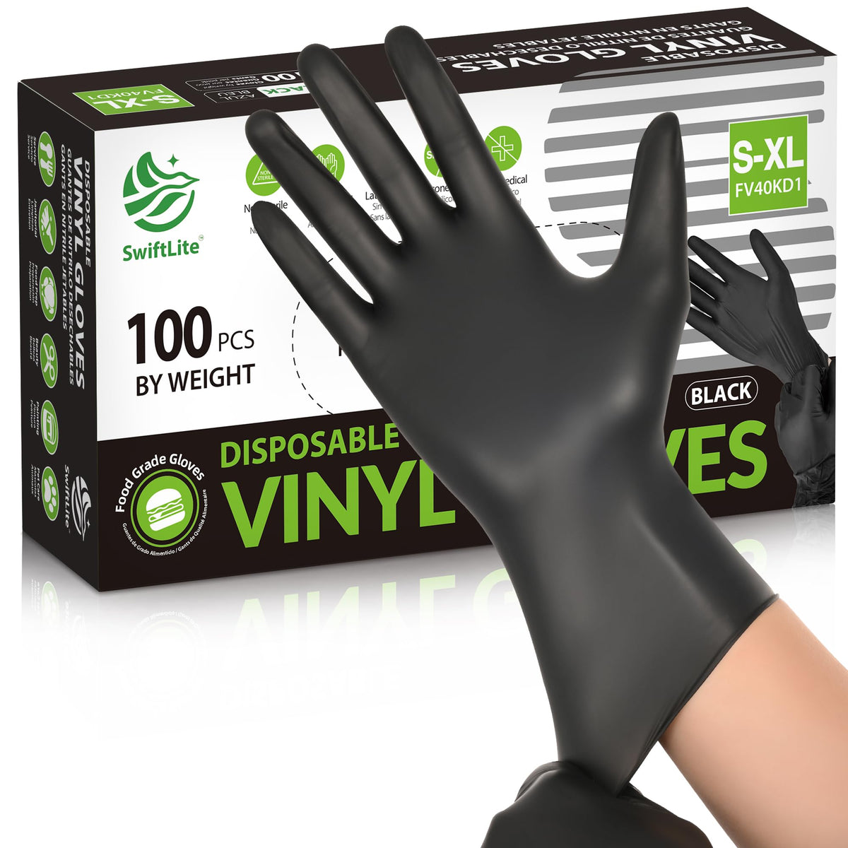 SWIFTLITE Black Vinyl Gloves, Food Grade Gloves Disposable Latex Free