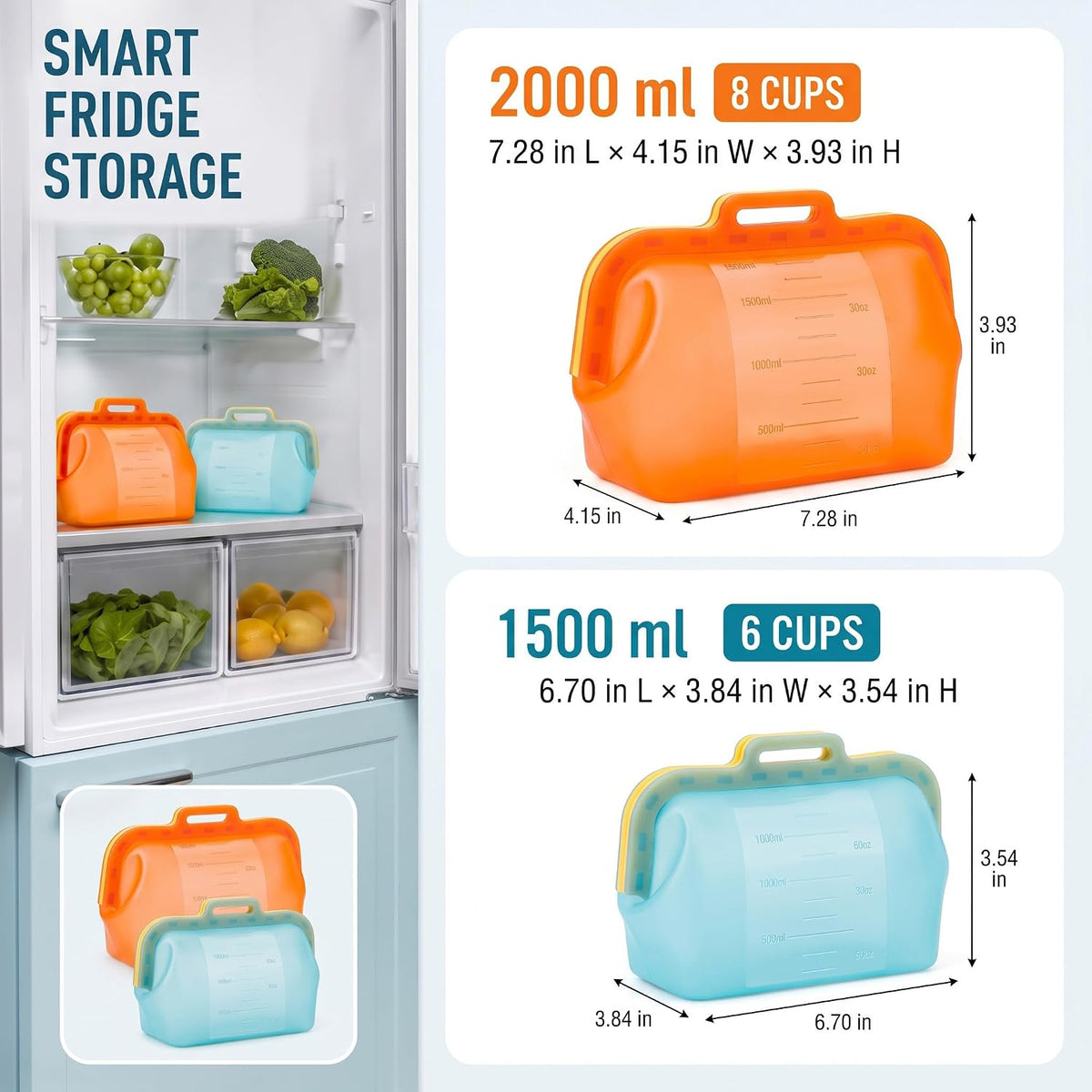 Auto-Closing Magnetic Seal Reusable Silicone Food Storage Bags, 2 Pack 8-Cup / 68 oz Stand-Up Pouches, No Harsh Smells, for Lunch, Fruit, Meal Prep, School & Office, Dishwasher & Freezer Safe
