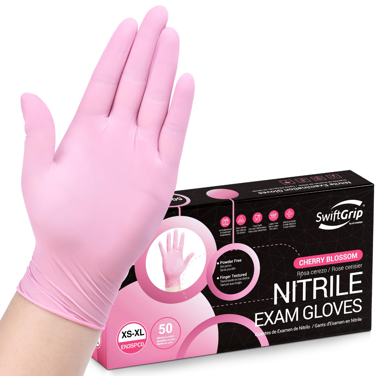 SwiftGrip Pink Nitrile Gloves, 3-mil, Industrial Gloves Disposable Latex Free, for Cleaning & Esthetician, Rubber Powder-Free, 100-ct Box (Medium)