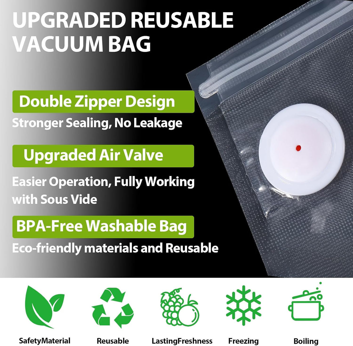60 PCS Vacuum Sealer Bags for Food, BPA-Free Reusable Vacuum Zipper Bags with Upgraded Air Valve, Sous Vide & Meal Prep Vacuum Storage Bags, Compatible with Handheld & External Vacuum Sealer Machines
